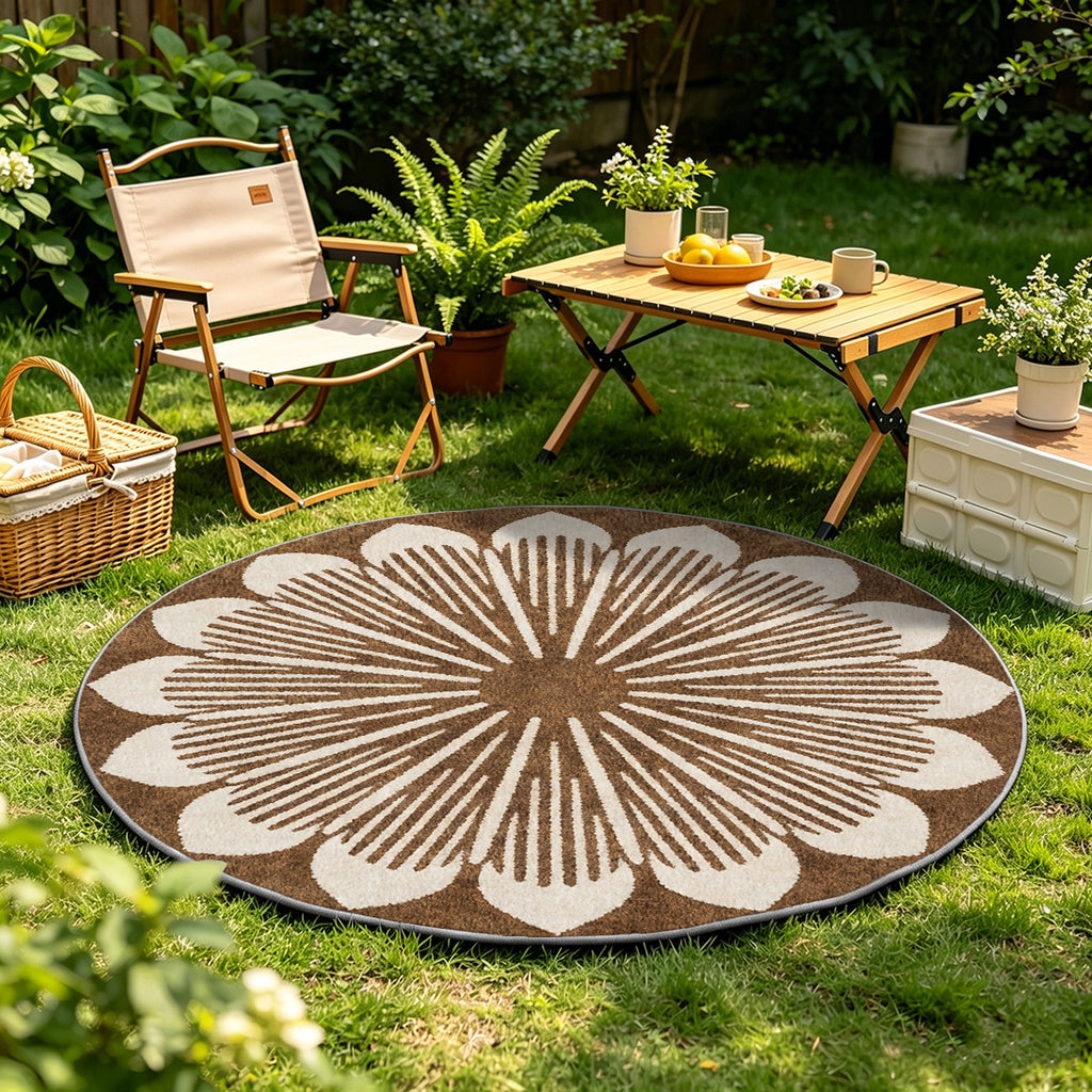Tapis rond brun à fleur géante crème, lavable en machine