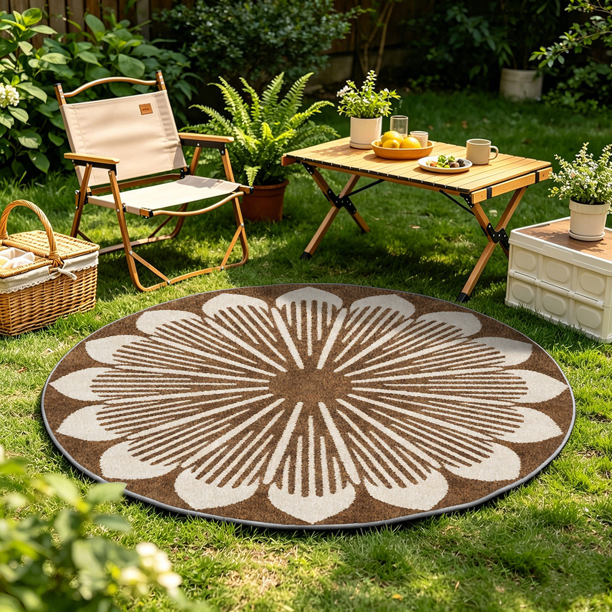Tapis rond brun à fleur géante crème, lavable en machine