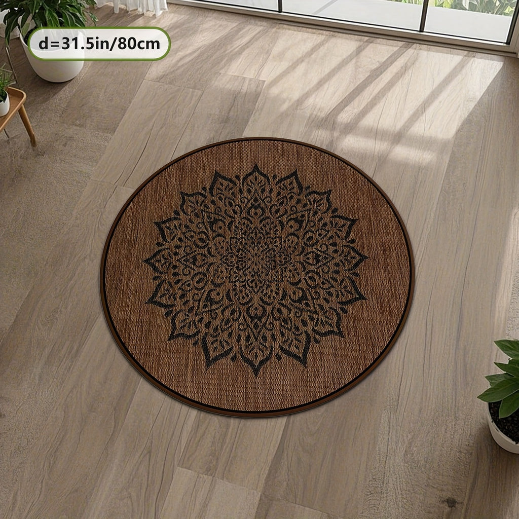 Tapis rond brun foncé à mandala noir, effet natte tressée