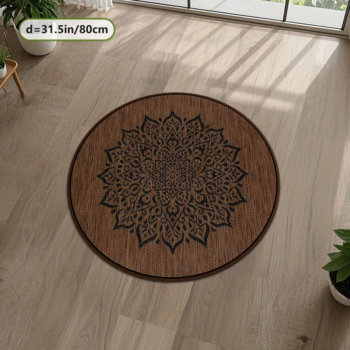 Tapis rond brun foncé à mandala noir, effet natte tressée