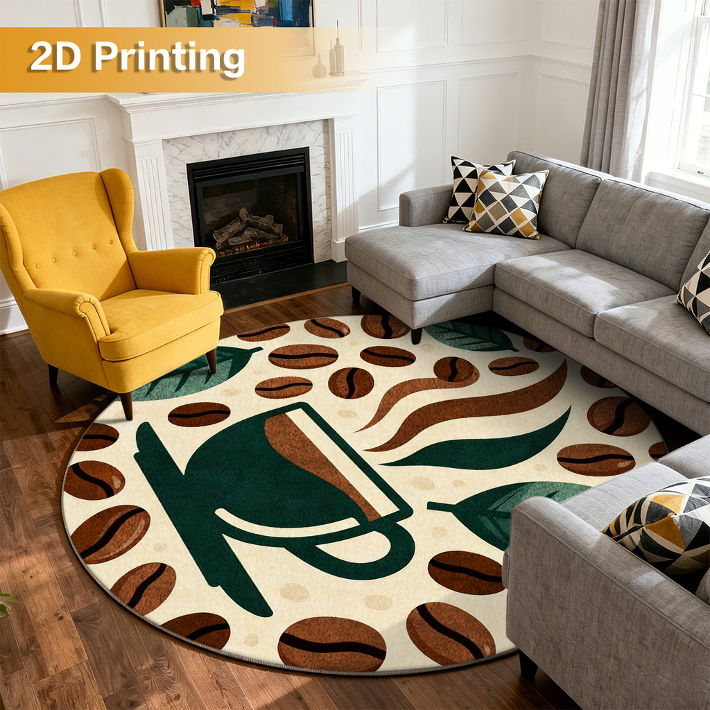Tapis rond en blocs de couleur, tasse de café et feuilles