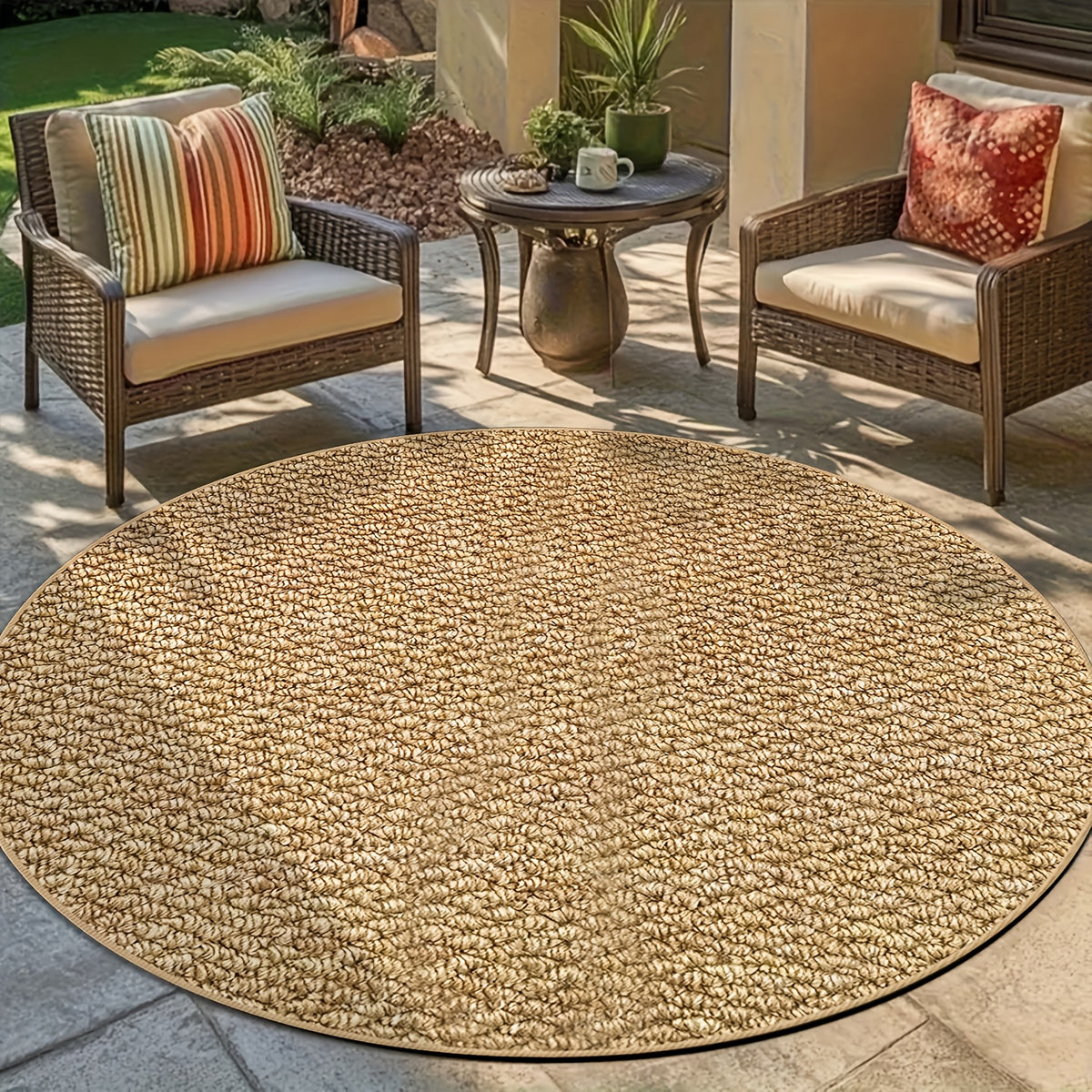 Tapis rond camel à texture bouclée pour terrasse et salon