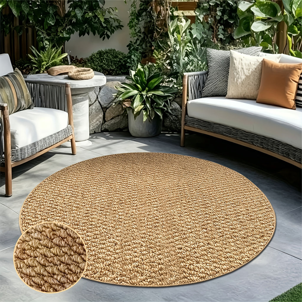 Tapis rond camel à texture bouclée pour terrasse et salon