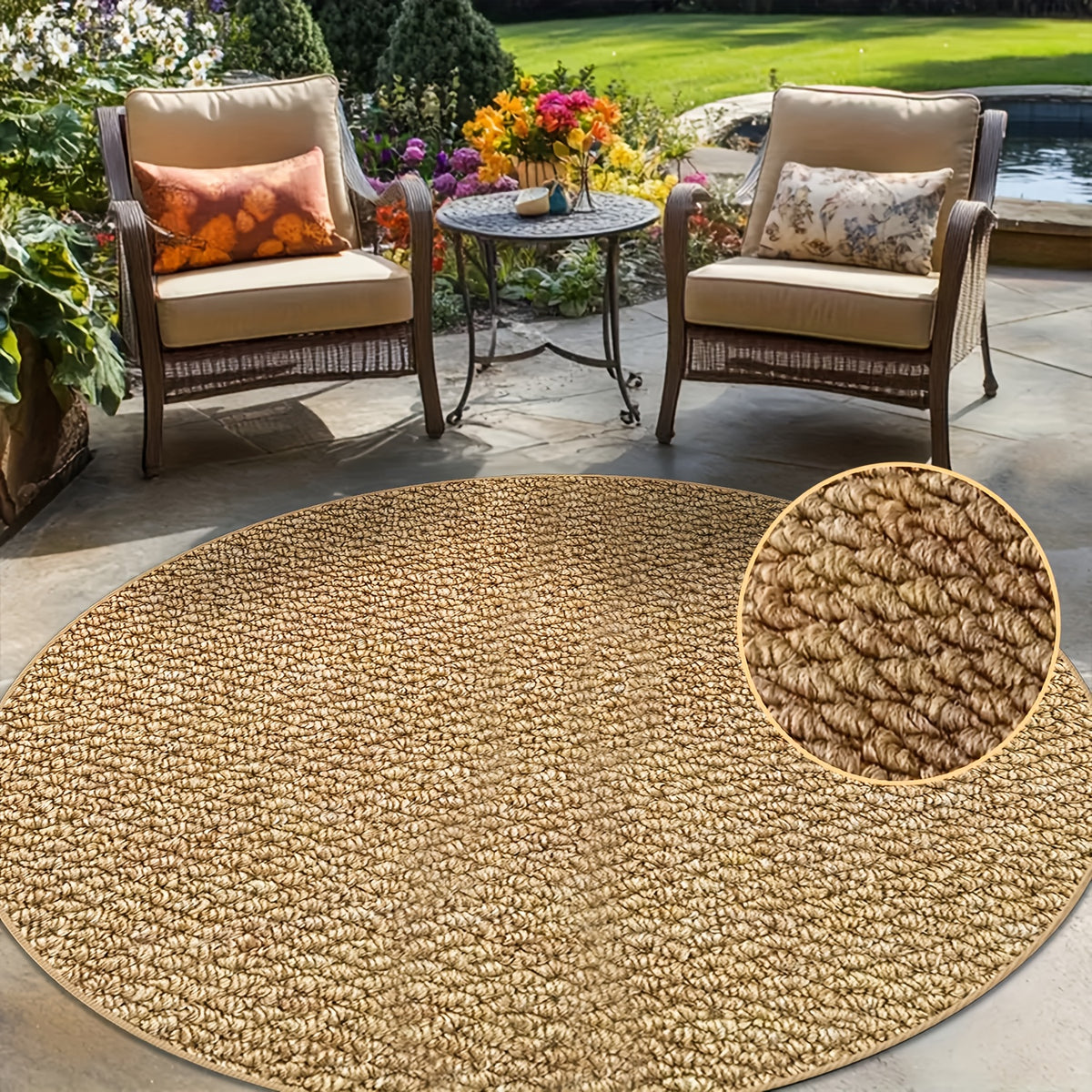 Tapis rond camel à texture bouclée pour terrasse et salon