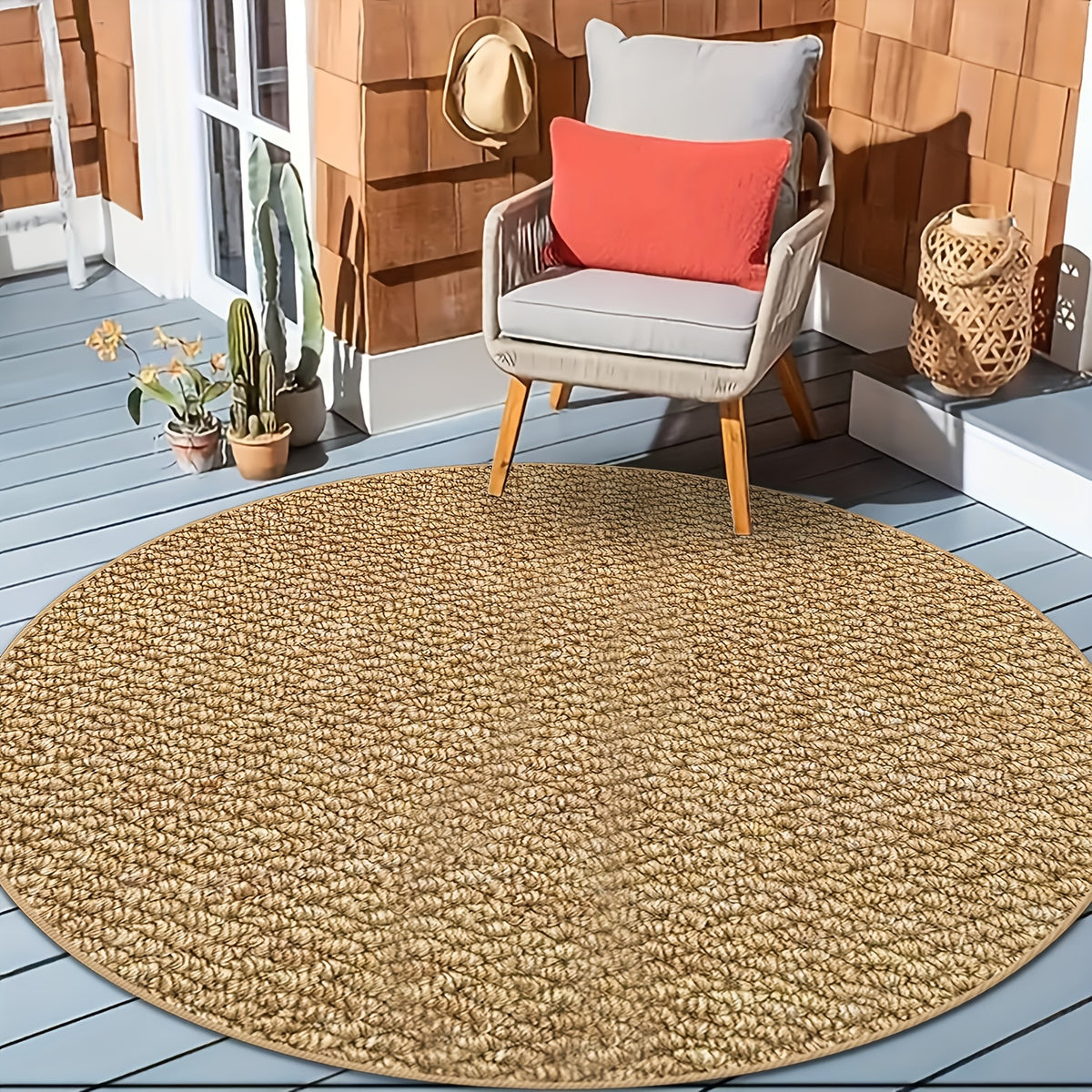 Tapis rond camel à texture bouclée pour terrasse et salon