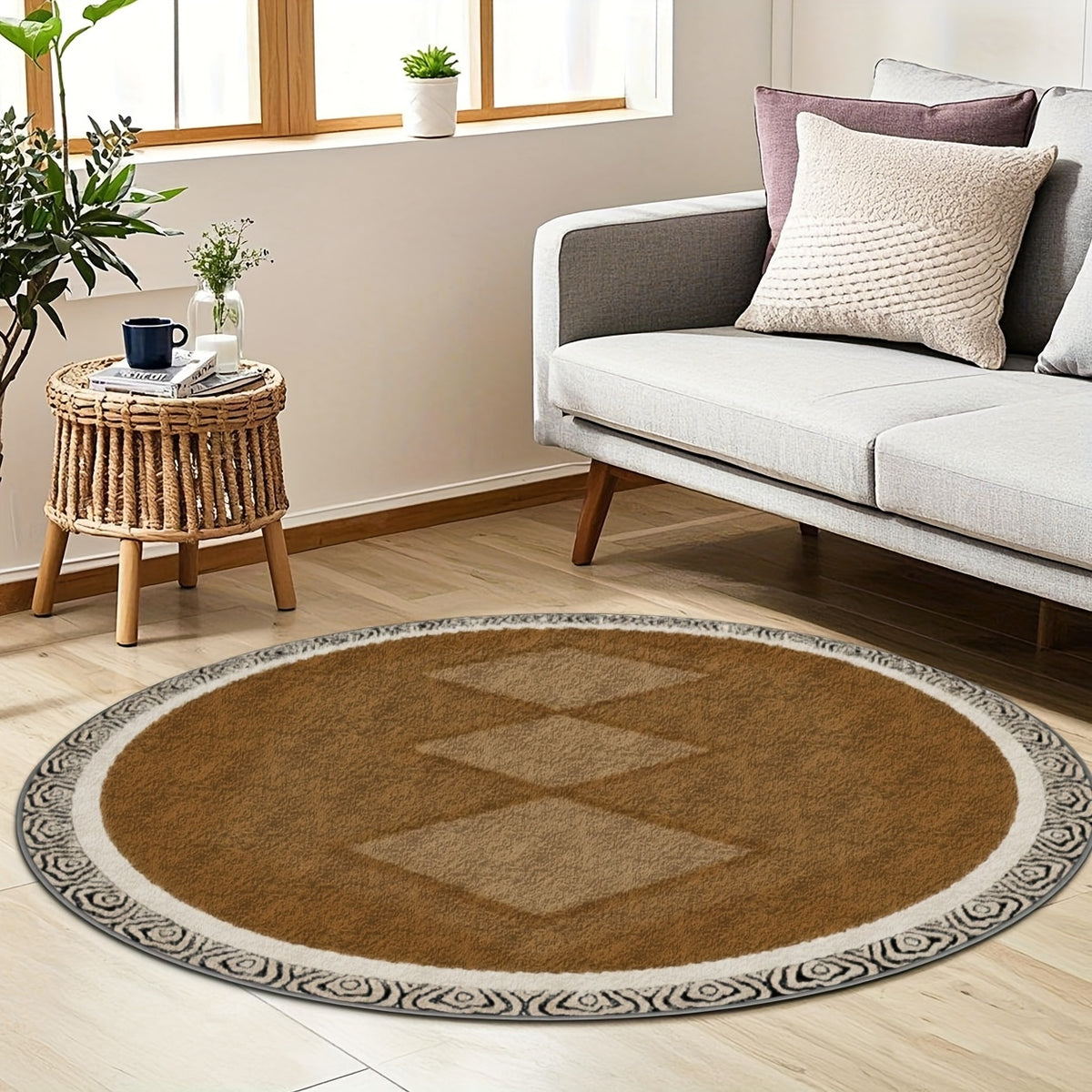 Tapis rond caramel à bordure ivoire ouvragée, 4 diamètres