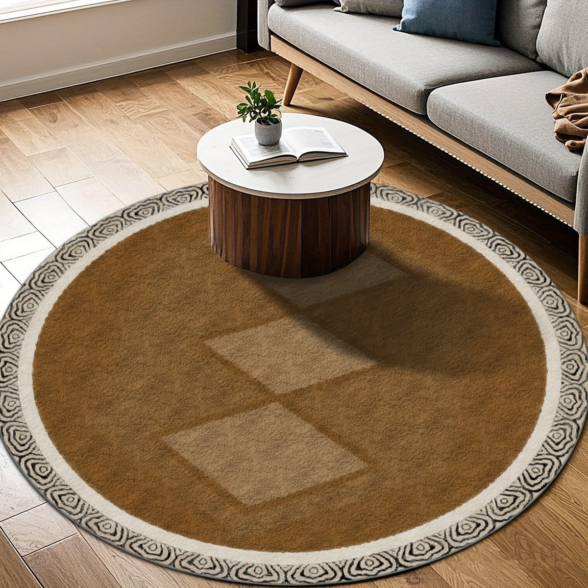 Tapis rond caramel à bordure ivoire ouvragée, 4 diamètres