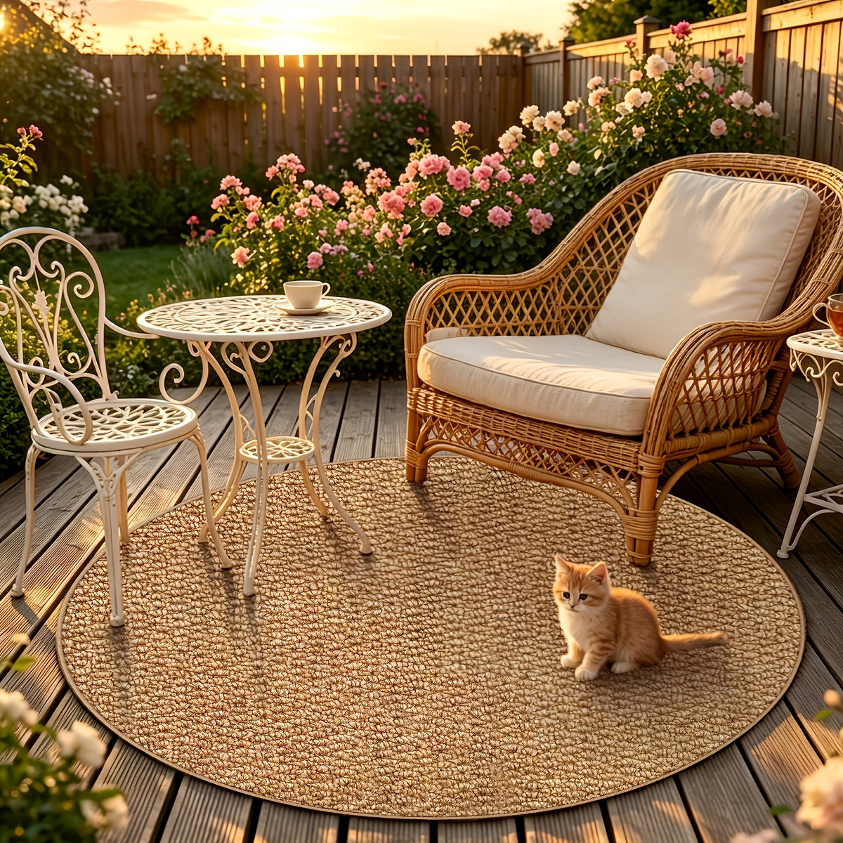 Tapis rond caramel au tressage dense, jardin et pas de porte