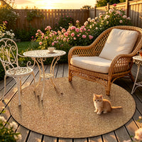 Tapis rond caramel au tressage dense, jardin et pas de porte