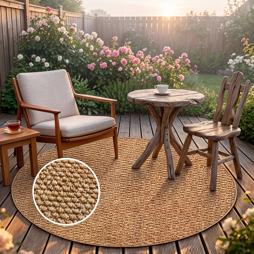 Tapis rond caramel au tressage dense, jardin et pas de porte