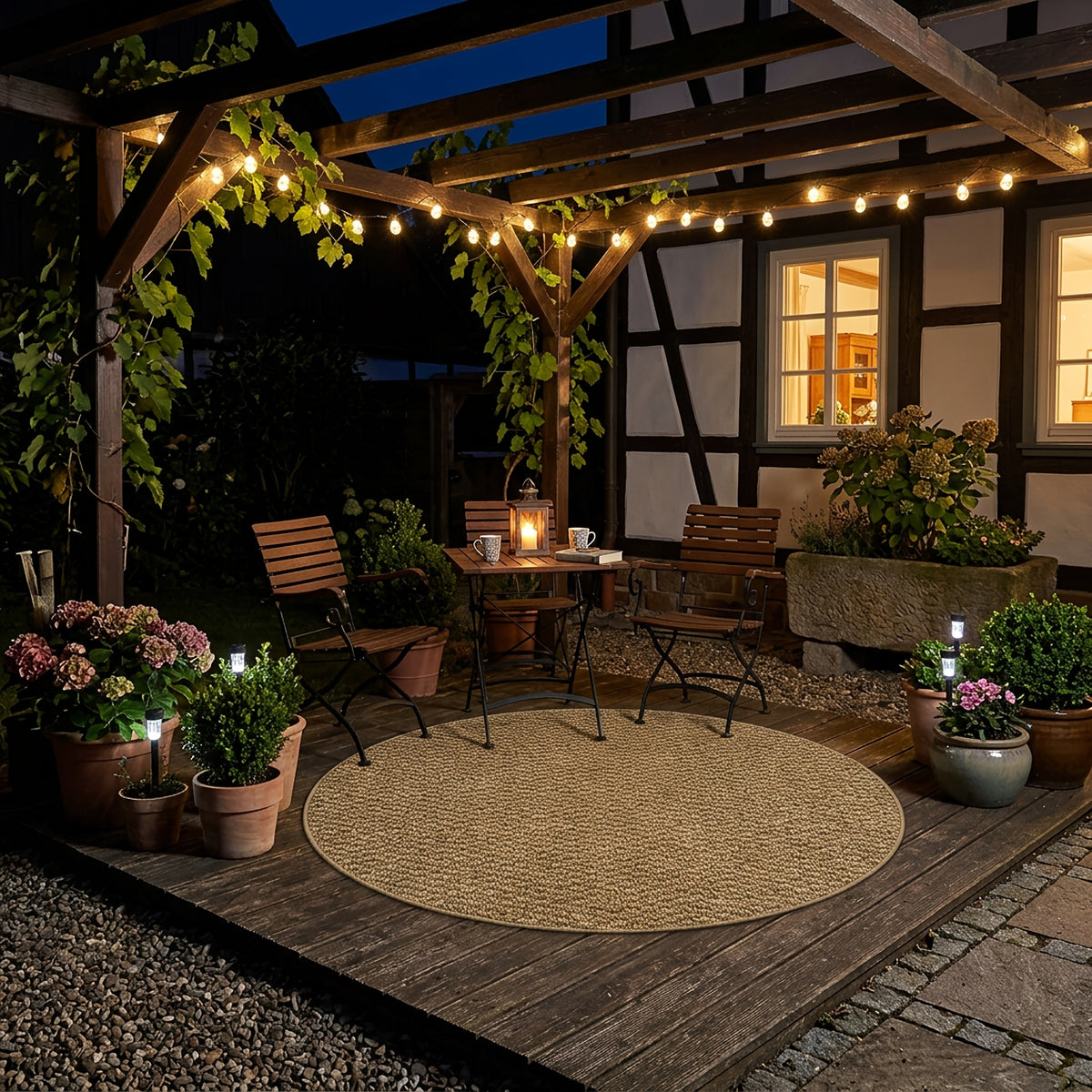 Tapis rond caramel au tressage dense, jardin et pas de porte