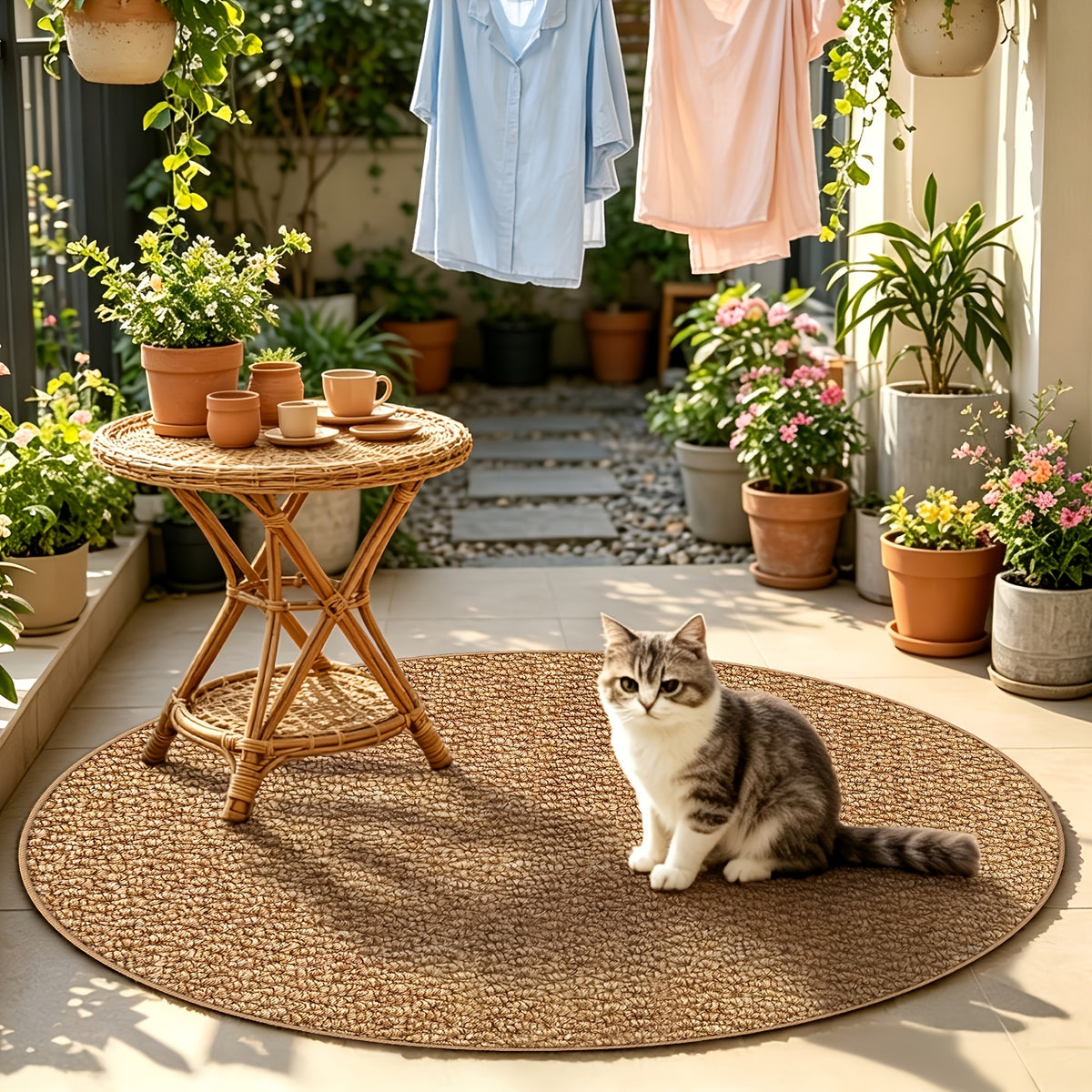 Tapis rond caramel au tressage dense, jardin et pas de porte