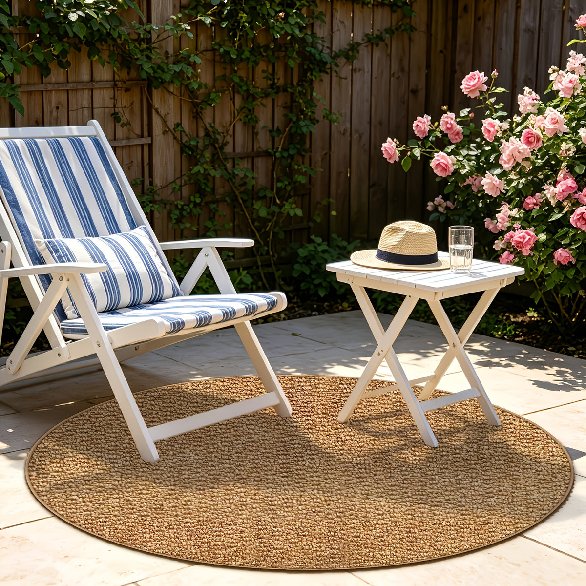 Tapis rond caramel au tressage dense, jardin et pas de porte