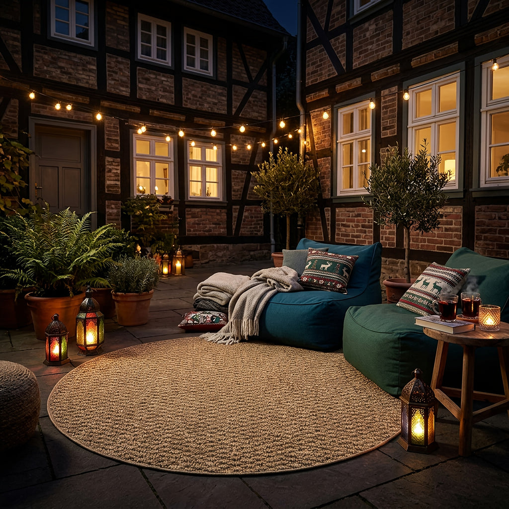 Tapis rond caramel au tressage dense, jardin et pas de porte