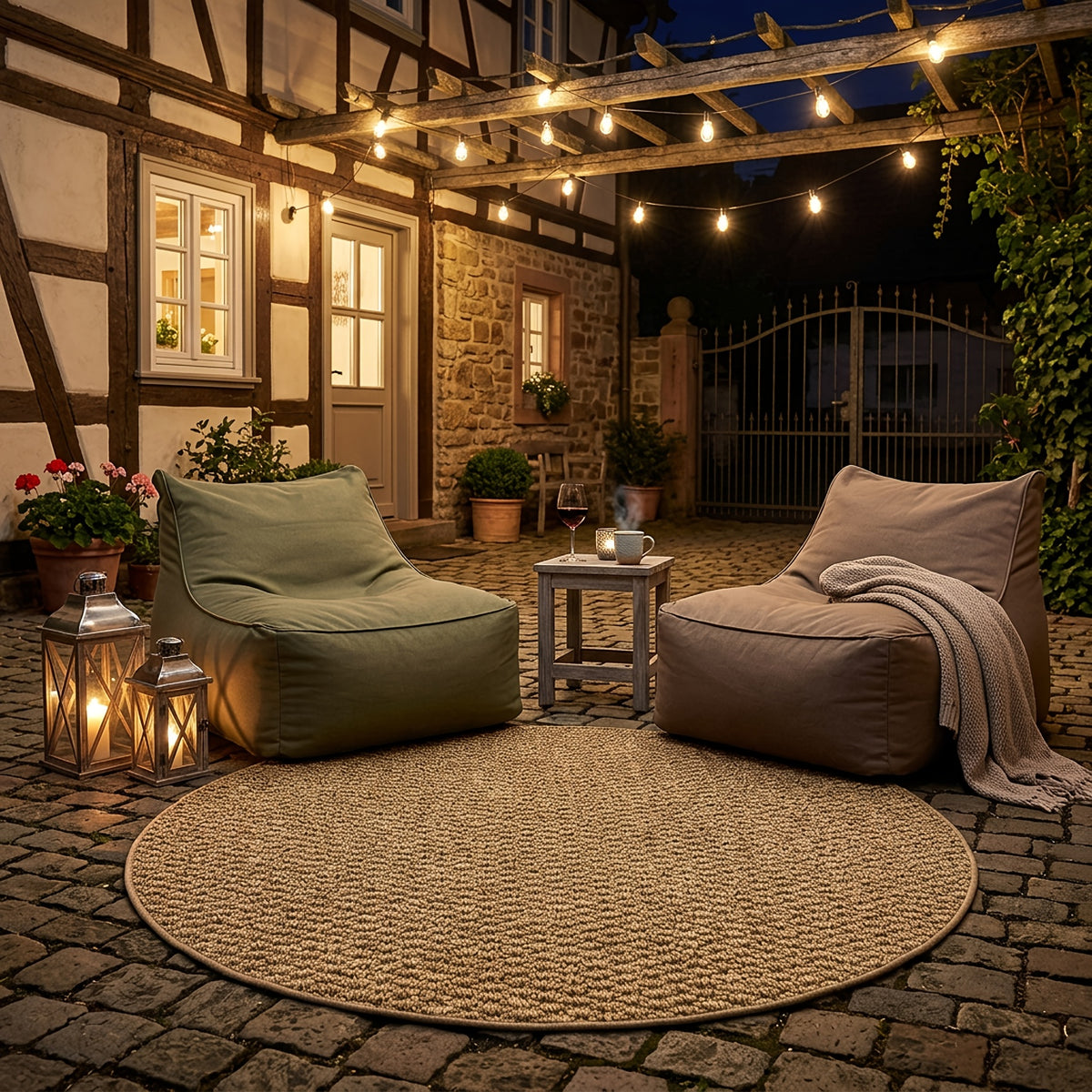 Tapis rond caramel au tressage dense, jardin et pas de porte