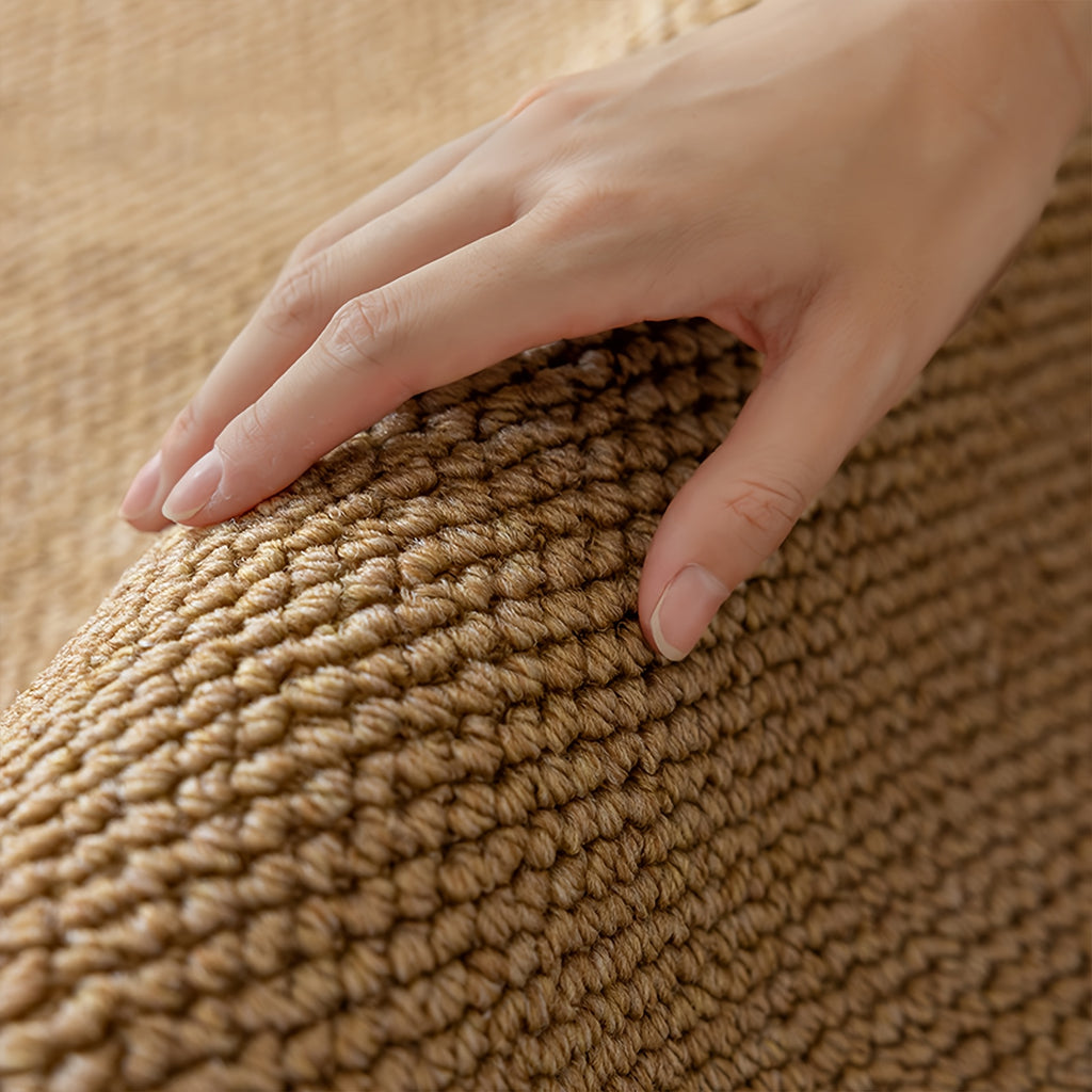 Tapis rond caramel au tressage dense, jardin et pas de porte