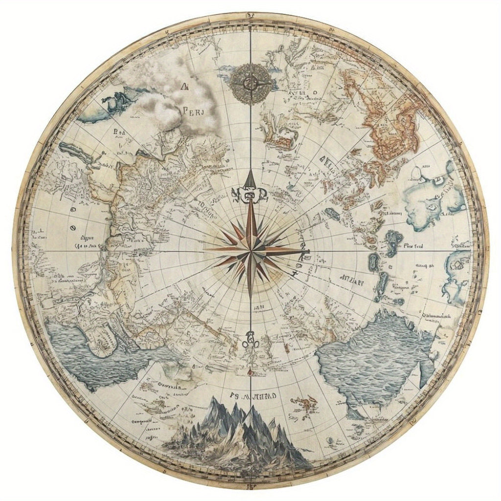 Tapis rond carte du monde ancienne, parchemin et rose des vents