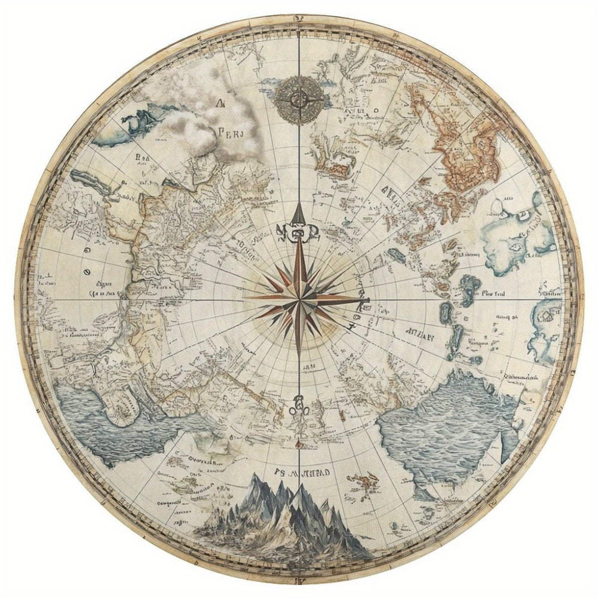 Tapis rond carte du monde ancienne, parchemin et rose des vents