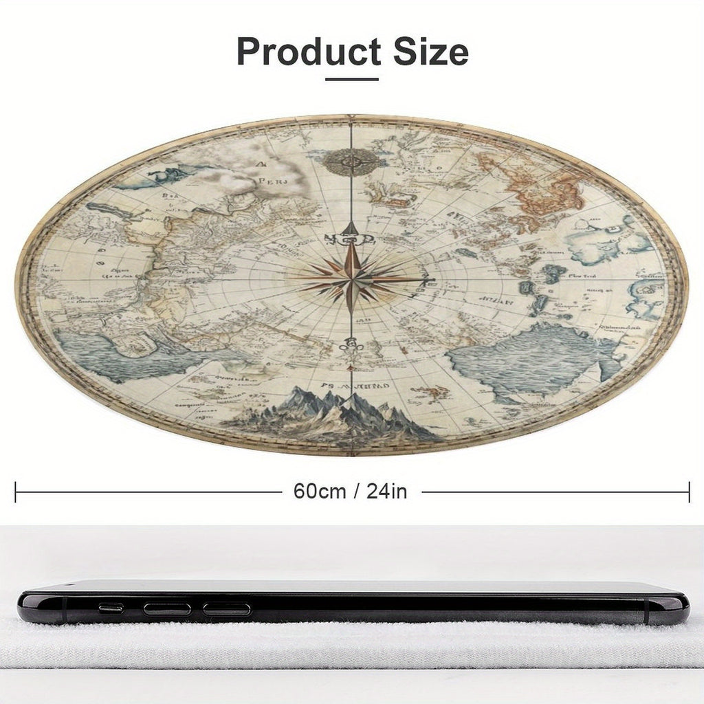 Tapis rond carte du monde ancienne, parchemin et rose des vents