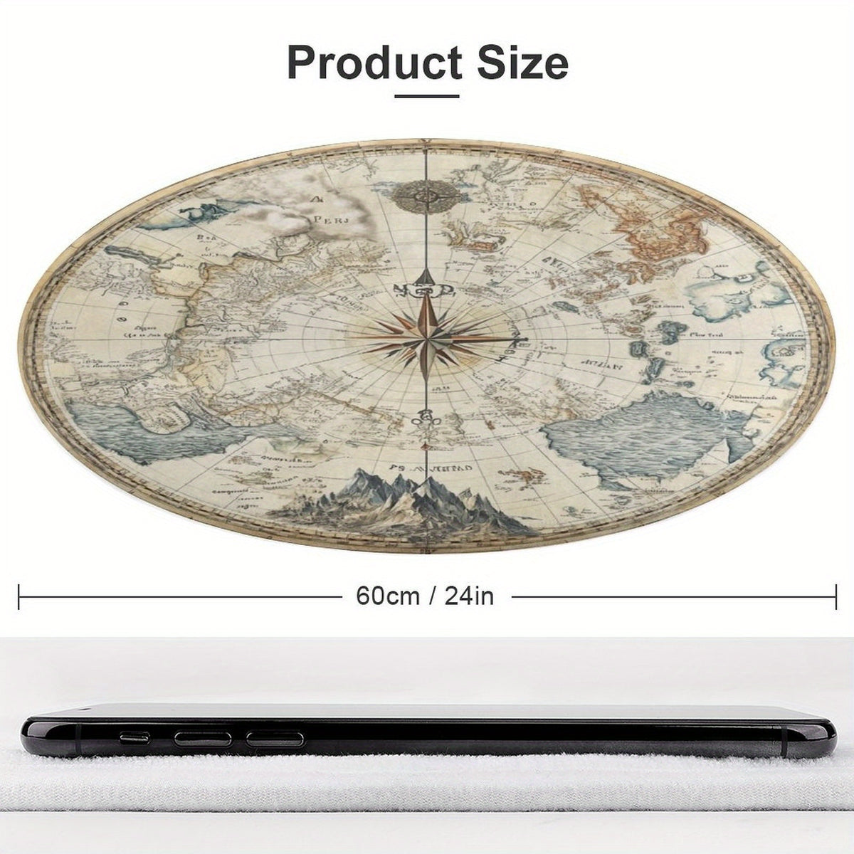 Tapis rond carte du monde ancienne, parchemin et rose des vents