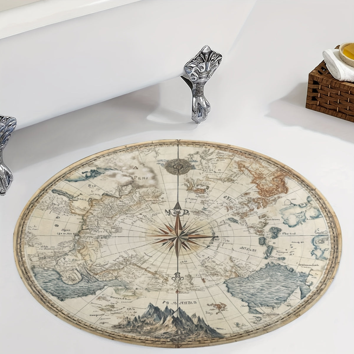 Tapis rond carte du monde vintage, velours crème et bleu