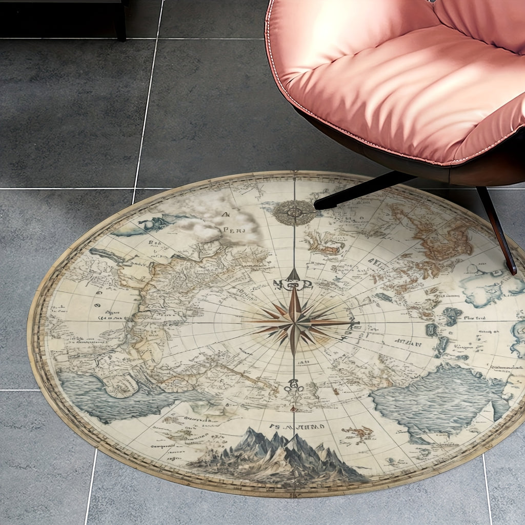 Tapis rond carte du monde vintage, velours crème et bleu