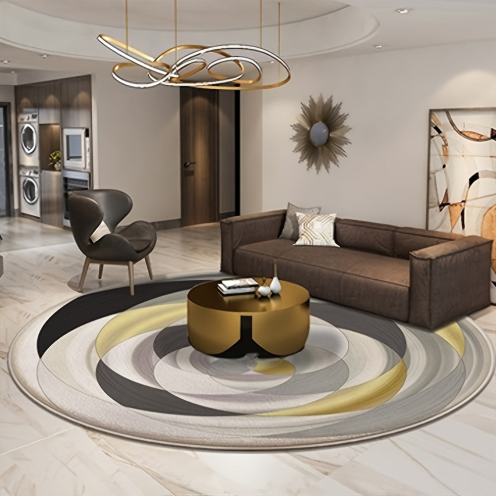 Tapis rond cercles concentriques gris, crème et moutarde