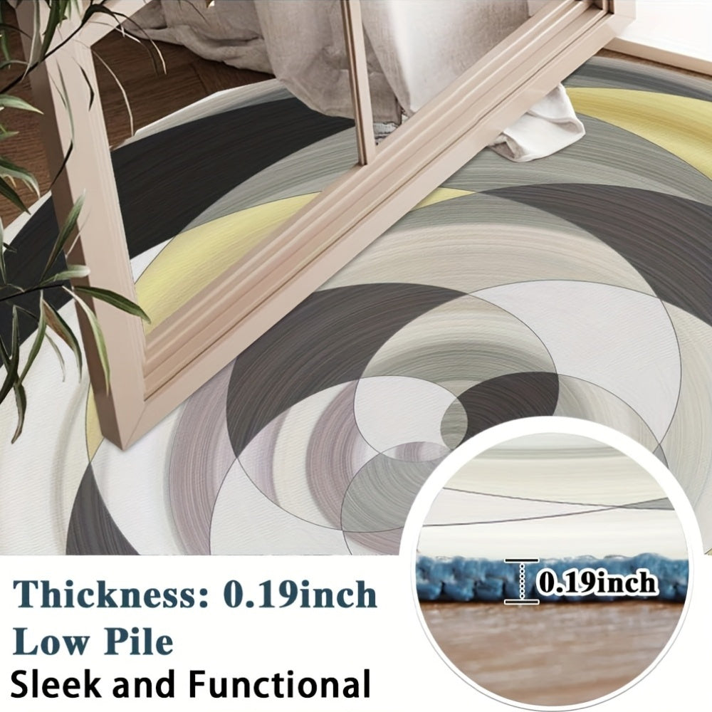 Tapis rond cercles concentriques gris, crème et moutarde