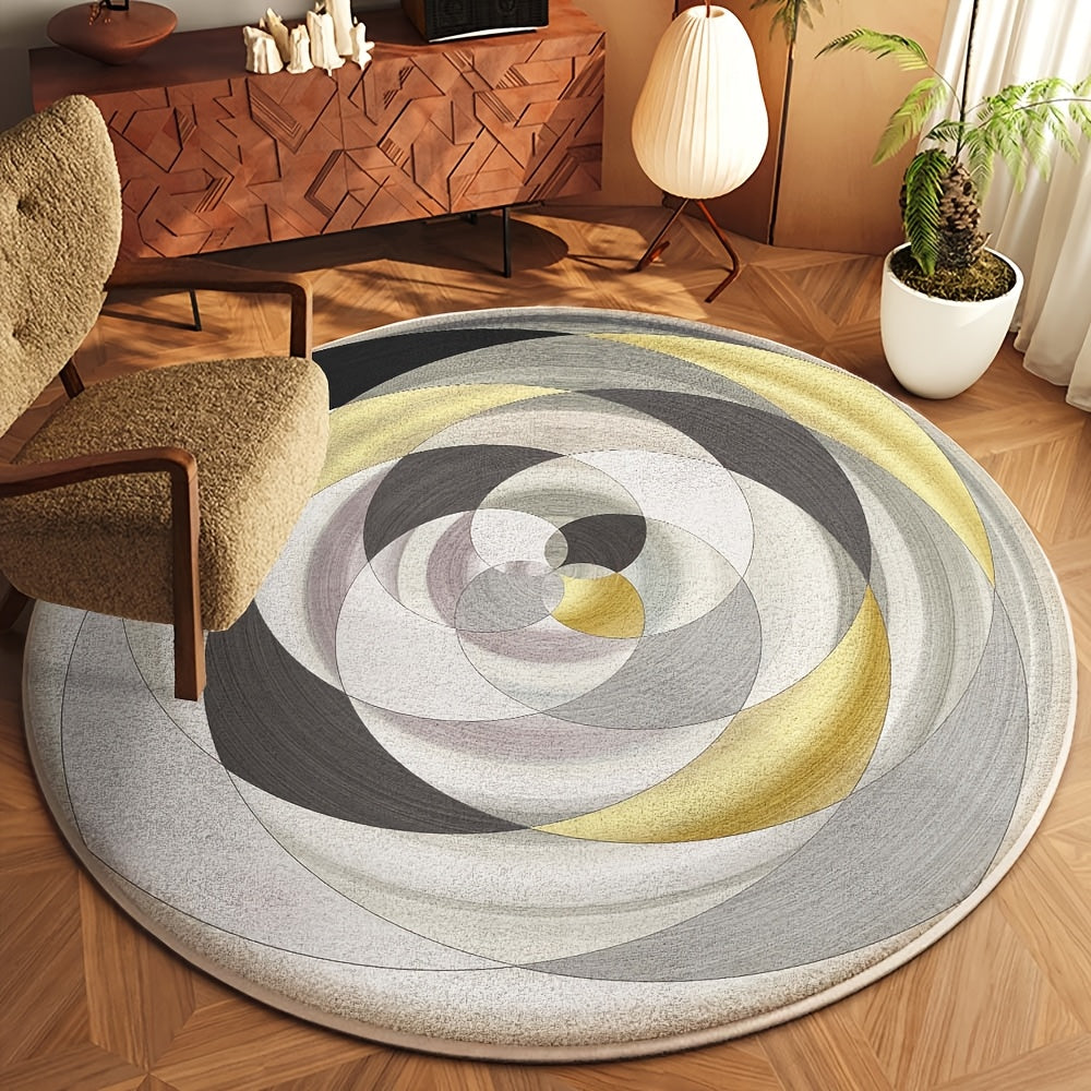 Tapis rond cercles concentriques gris, crème et moutarde