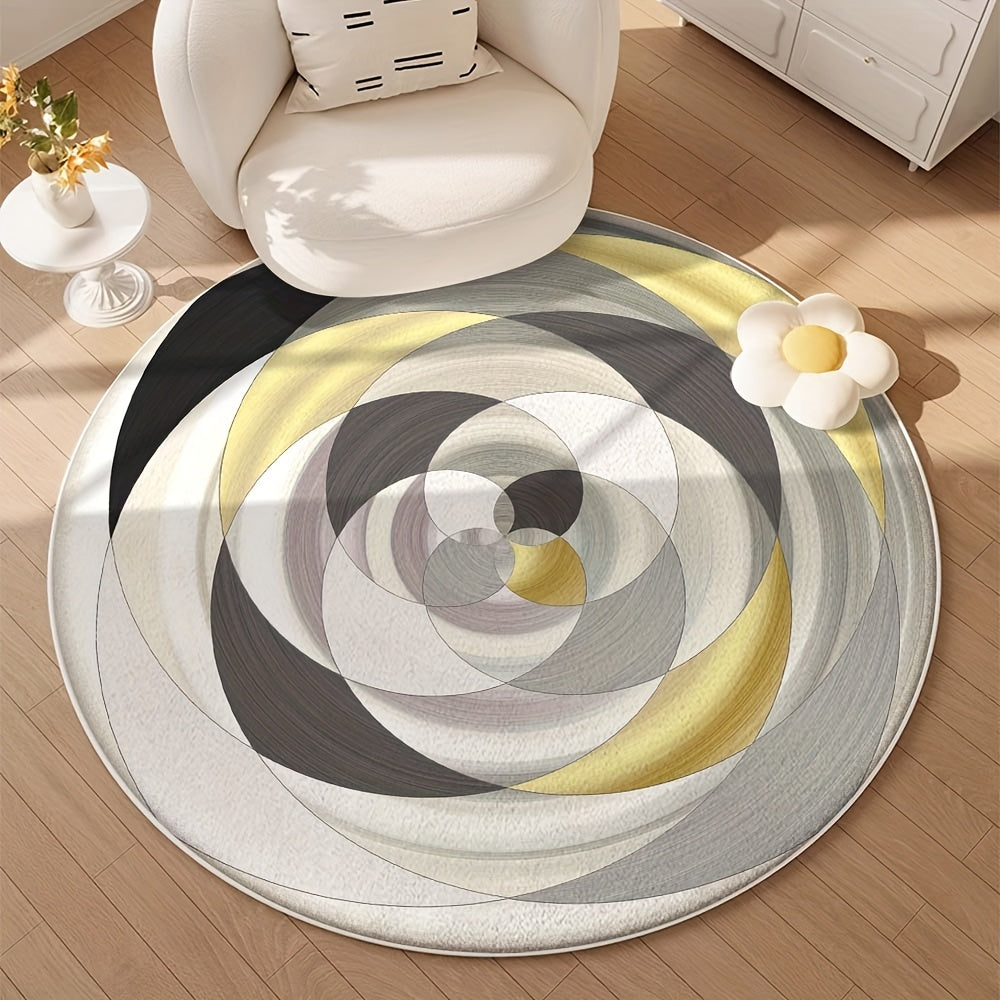 Tapis rond cercles concentriques gris, crème et moutarde