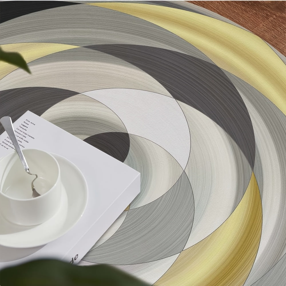 Tapis rond cercles concentriques gris, crème et moutarde