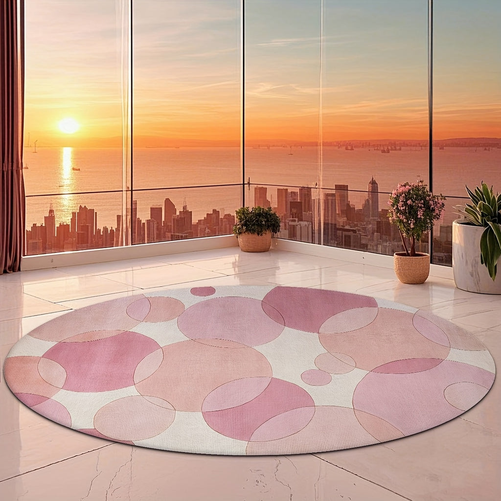 Tapis rond à disques roses superposés sur ivoire, Ø 100 et 160