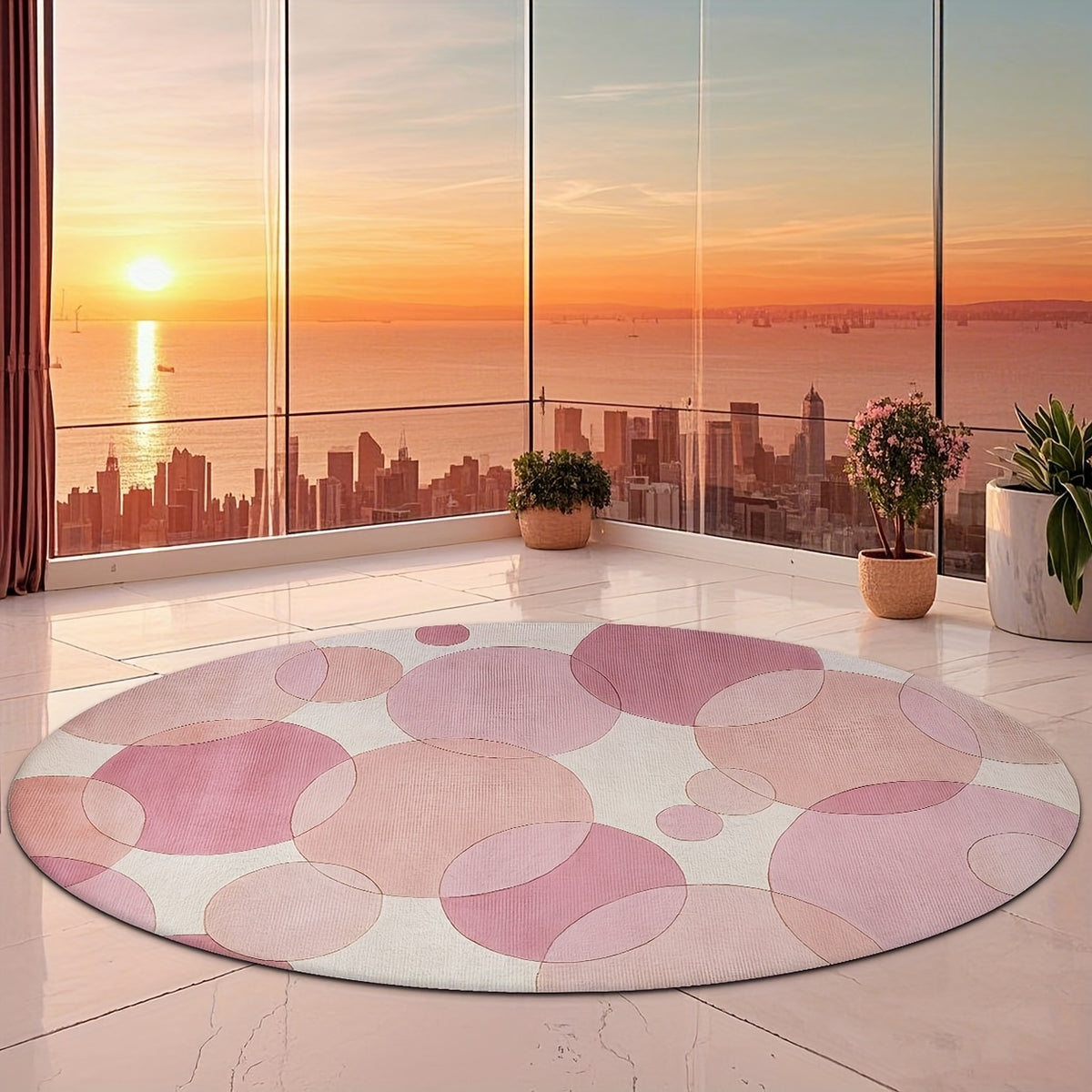 Tapis rond à disques roses superposés sur ivoire, Ø 100 et 160