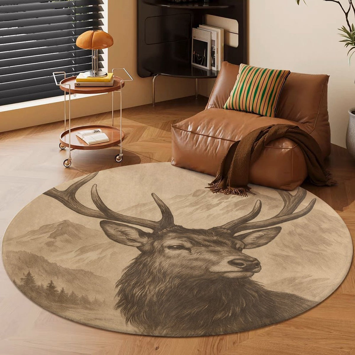 Tapis rond cerf gravé beige et brun, sept diamètres au choix