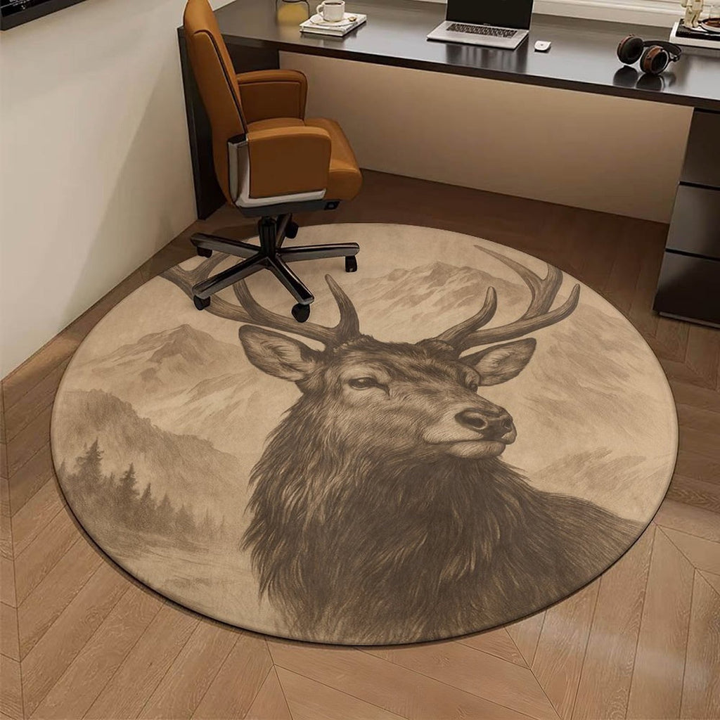 Tapis rond cerf gravé beige et brun, sept diamètres au choix