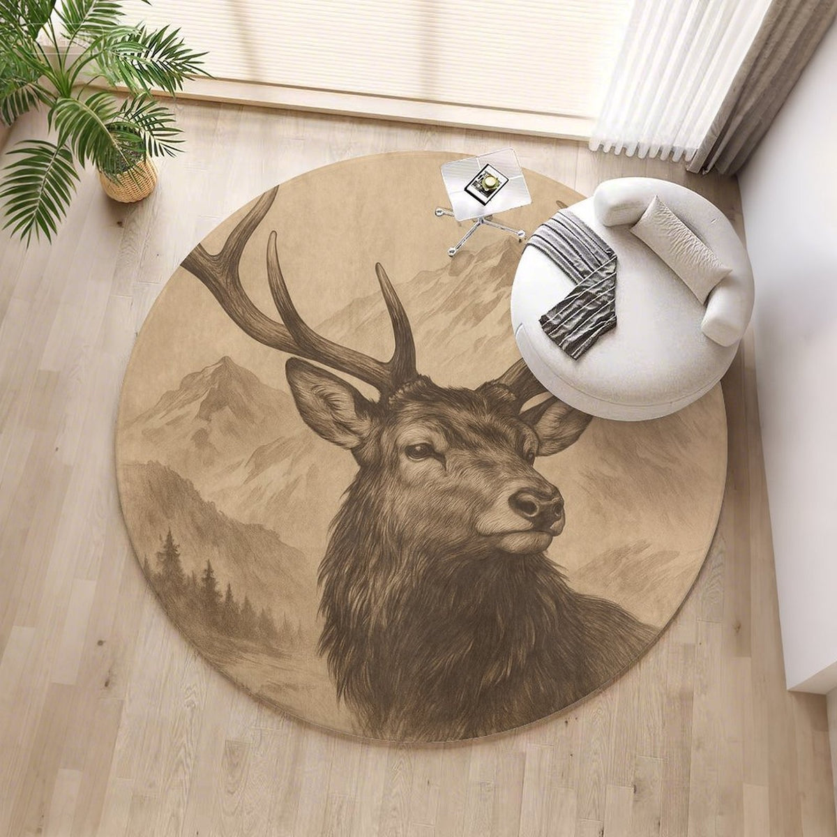 Tapis rond cerf gravé beige et brun, sept diamètres au choix