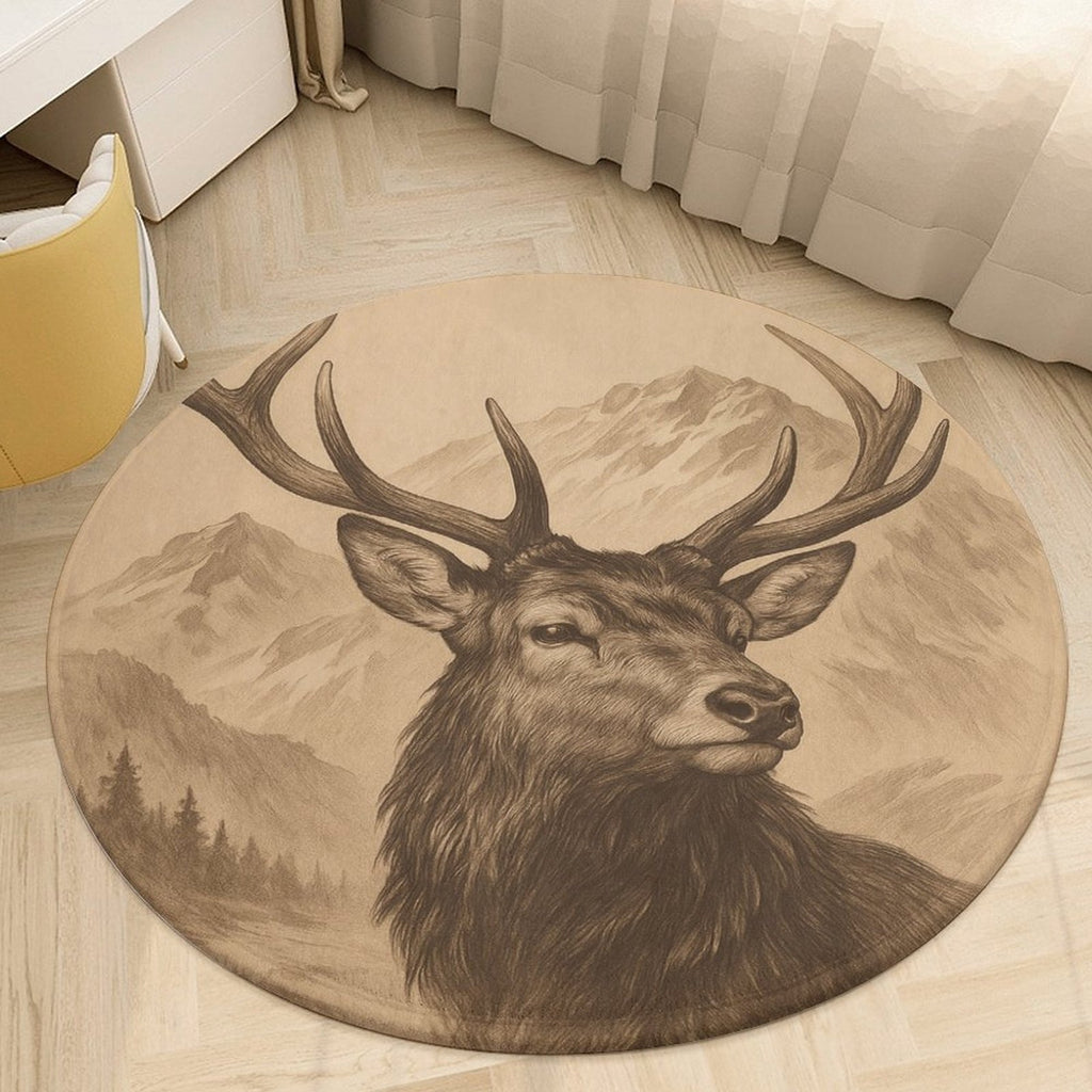 Tapis rond cerf gravé beige et brun, sept diamètres au choix