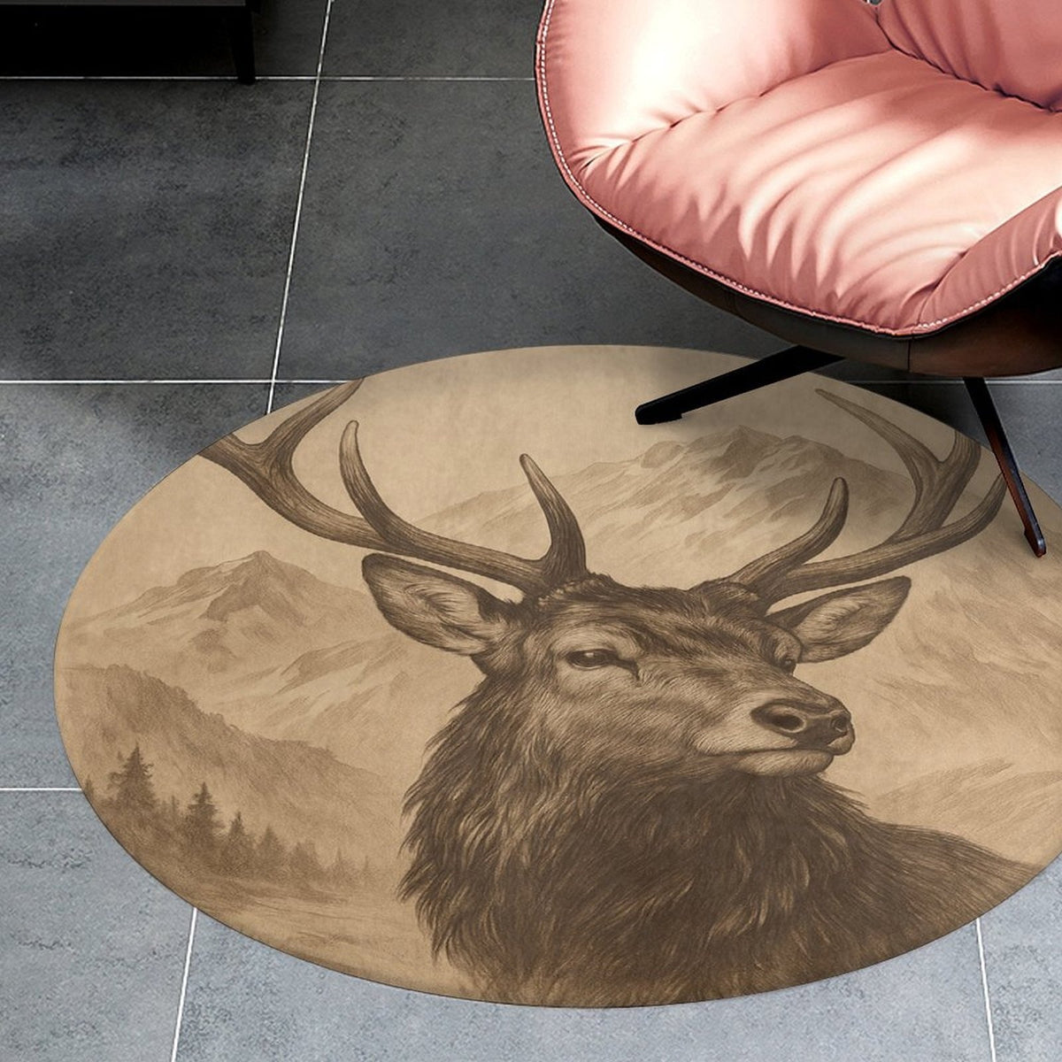 Tapis rond cerf gravé beige et brun, sept diamètres au choix