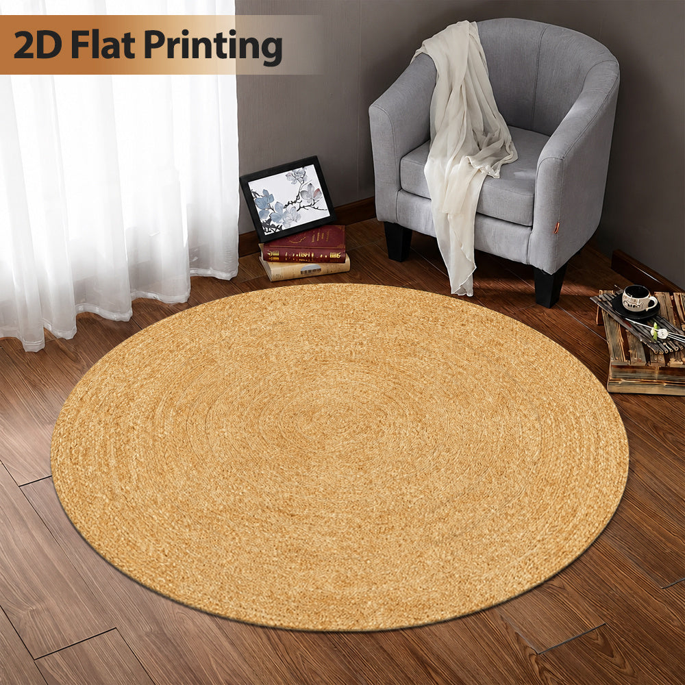 Tapis rond beige effet jute tressé, surface imprimée à plat