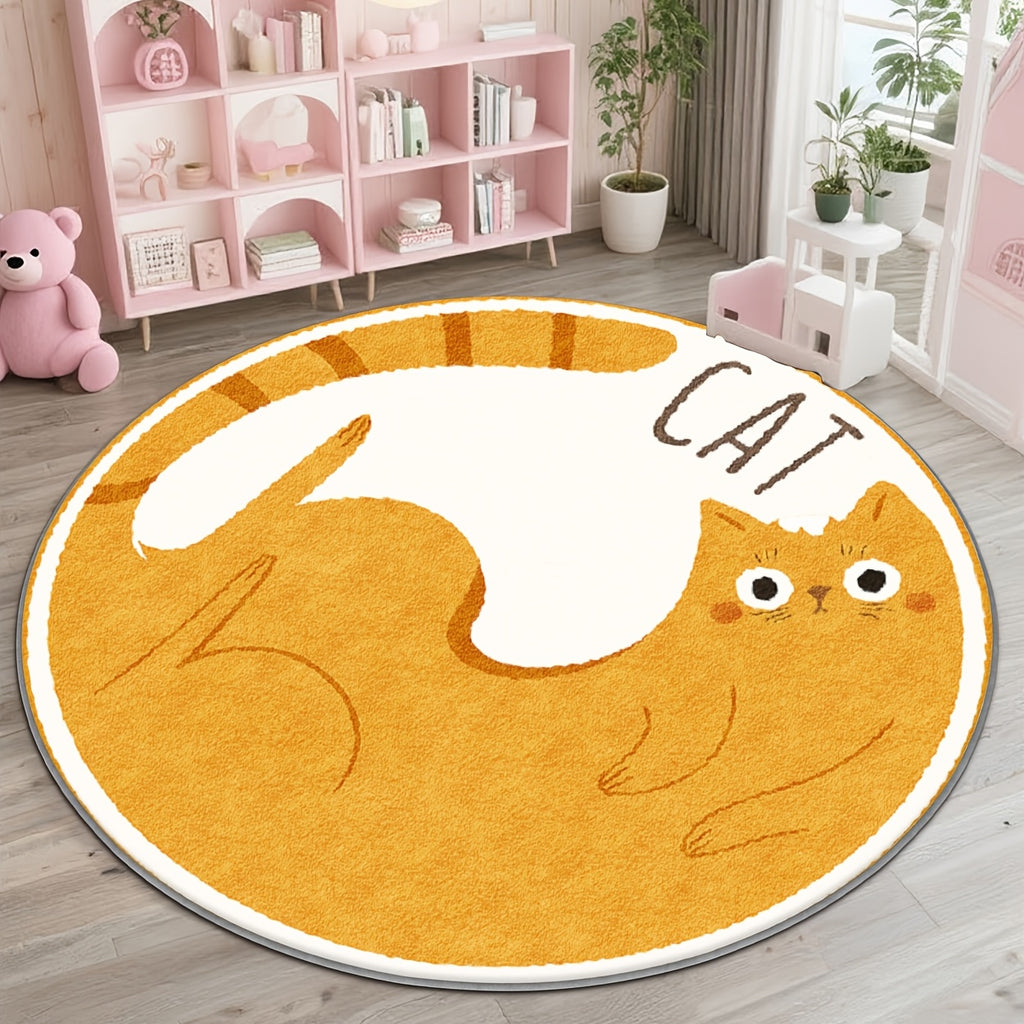 Tapis rond chat roux couché, fond ambre et bordure blanche