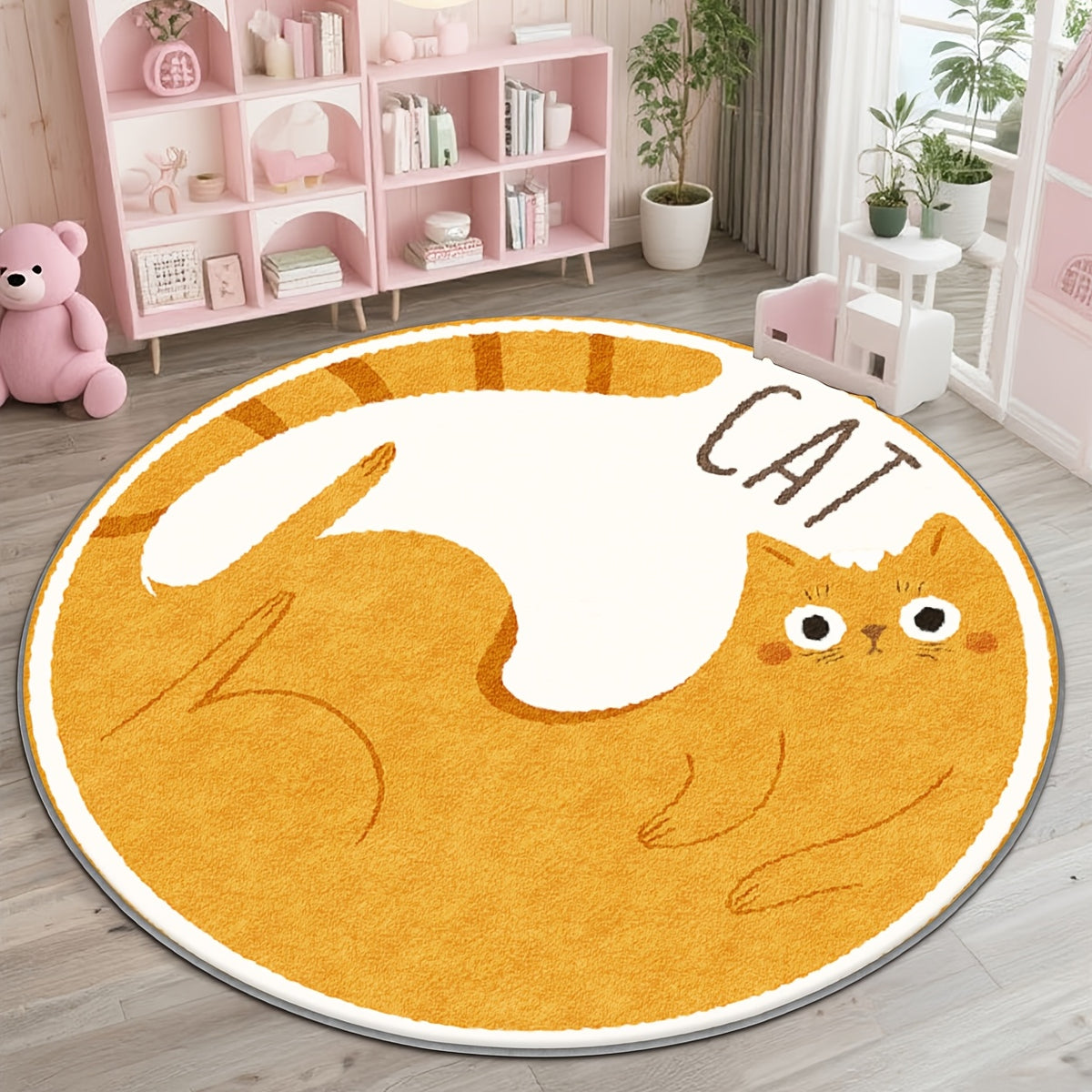 Tapis rond chat roux couché, fond ambre et bordure blanche