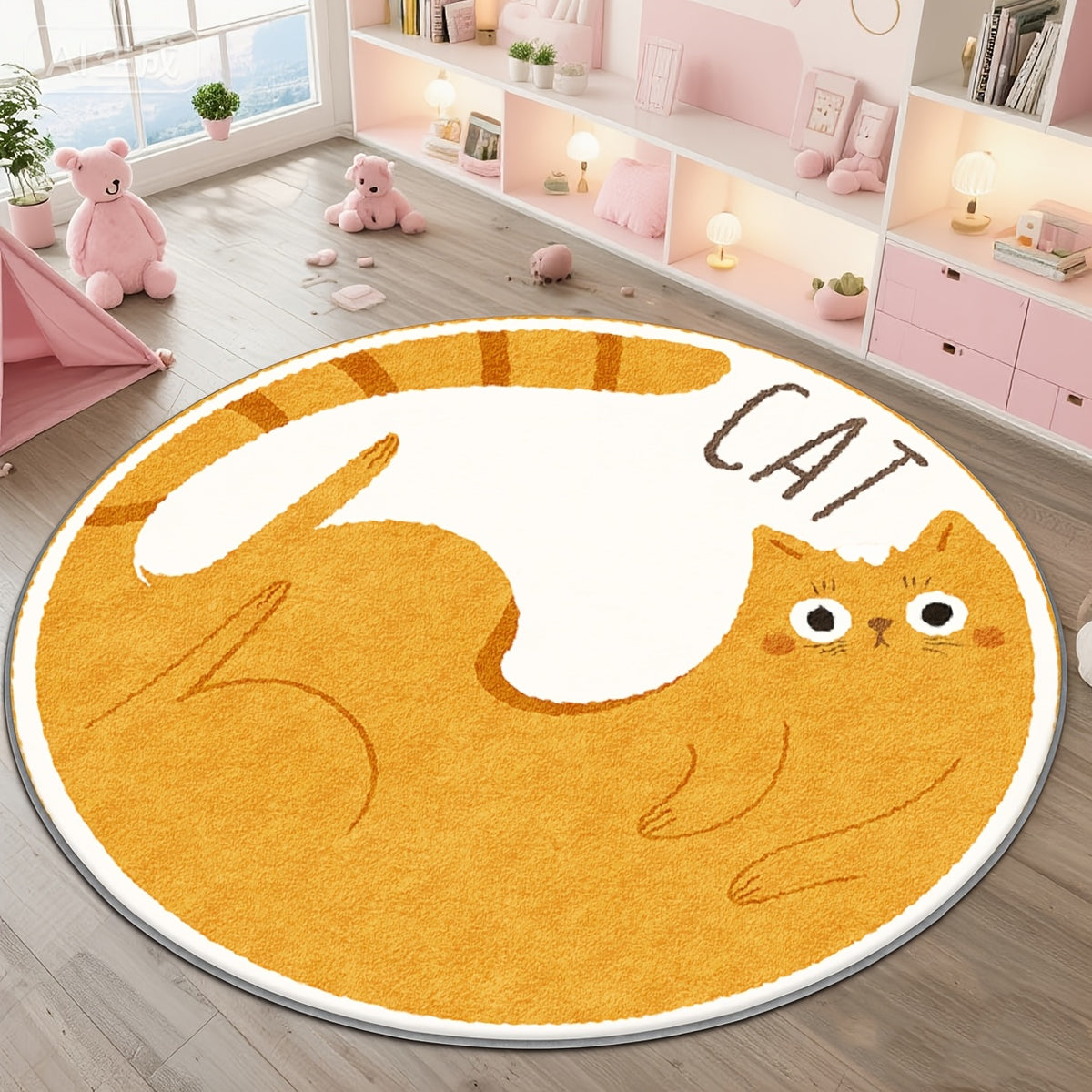 Tapis rond chat roux couché, fond ambre et bordure blanche