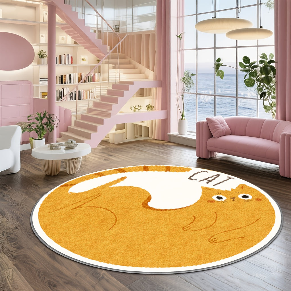 Tapis rond chat roux couché, fond ambre et bordure blanche