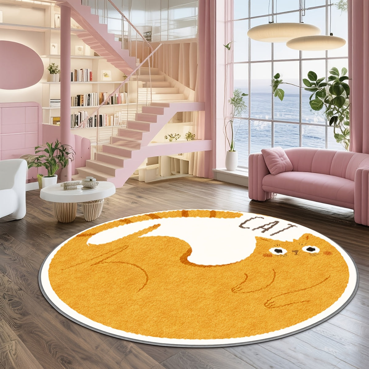 Tapis rond chat roux couché, fond ambre et bordure blanche