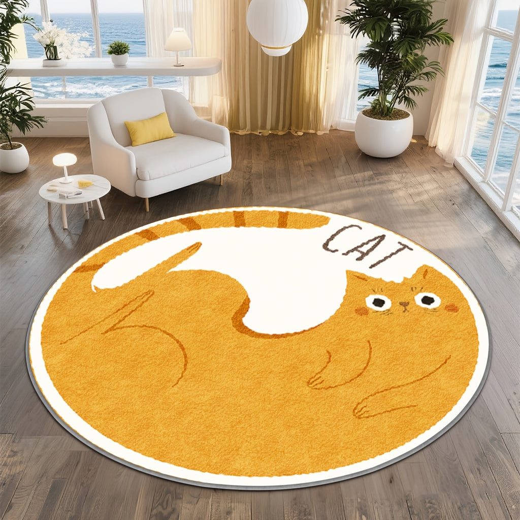 Tapis rond chat roux couché, fond ambre et bordure blanche