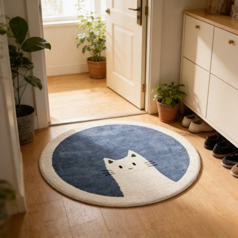 Tapis rond chaton blanc sur fond rose poudré ou bleu jean