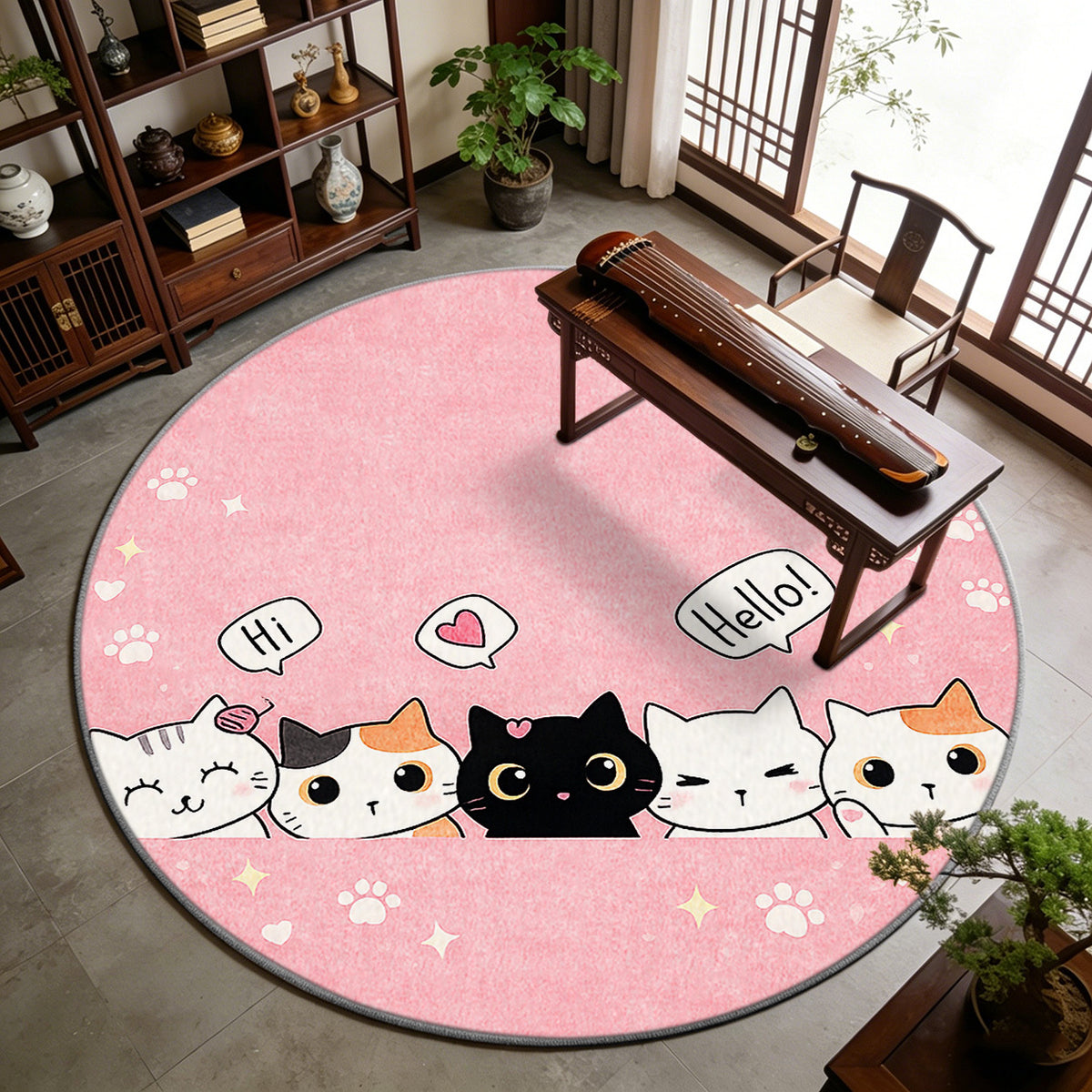 Tapis rond chats et pattes roses, imprimé 2D, jusqu'à Ø 200 cm