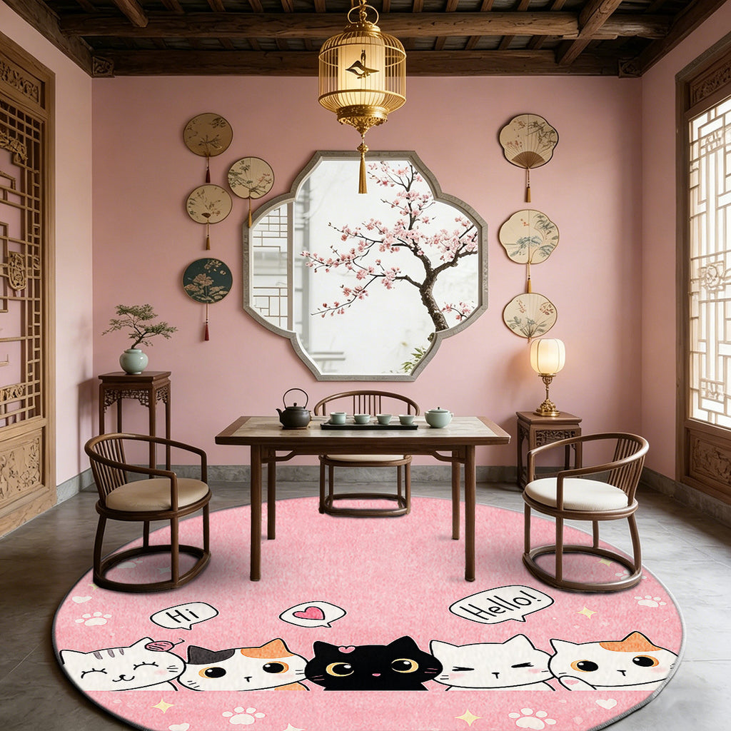 Tapis rond chats et pattes roses, imprimé 2D, jusqu'à Ø 200 cm