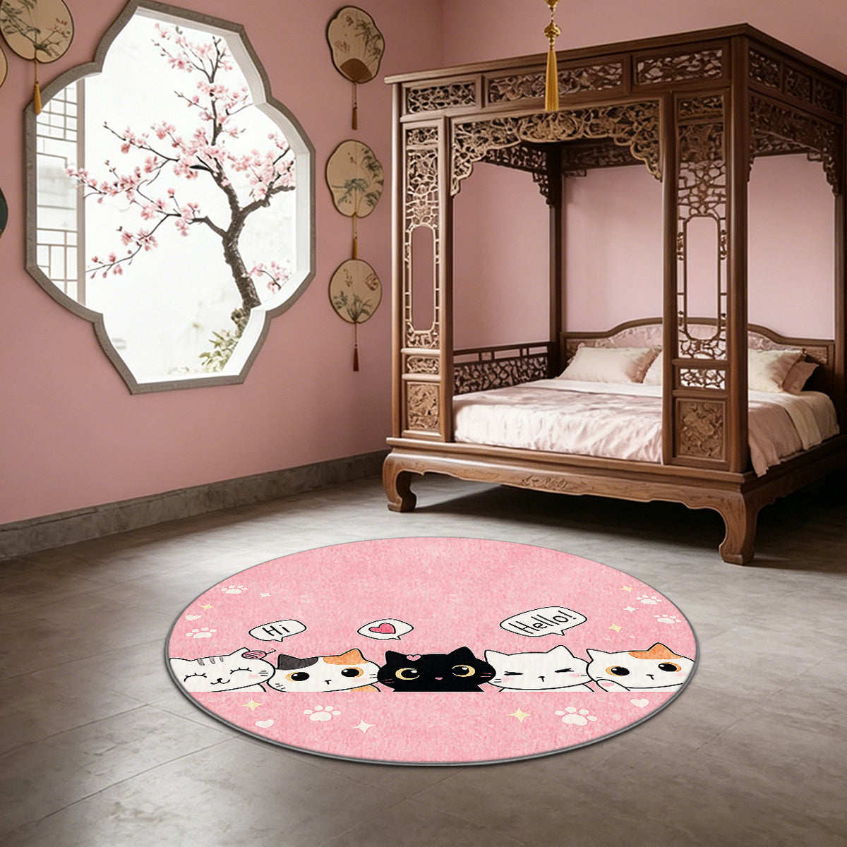 Tapis rond chats et pattes roses, imprimé 2D, jusqu'à Ø 200 cm