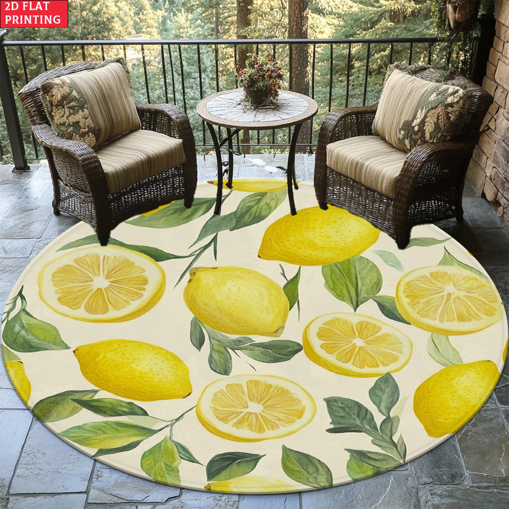 Tapis rond aux citrons jaunes et au feuillage vert tendre
